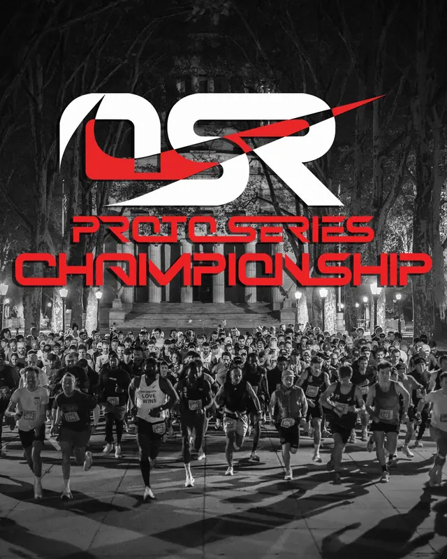 Poster: OSR Proto Series Championship, over a night race start in black and white