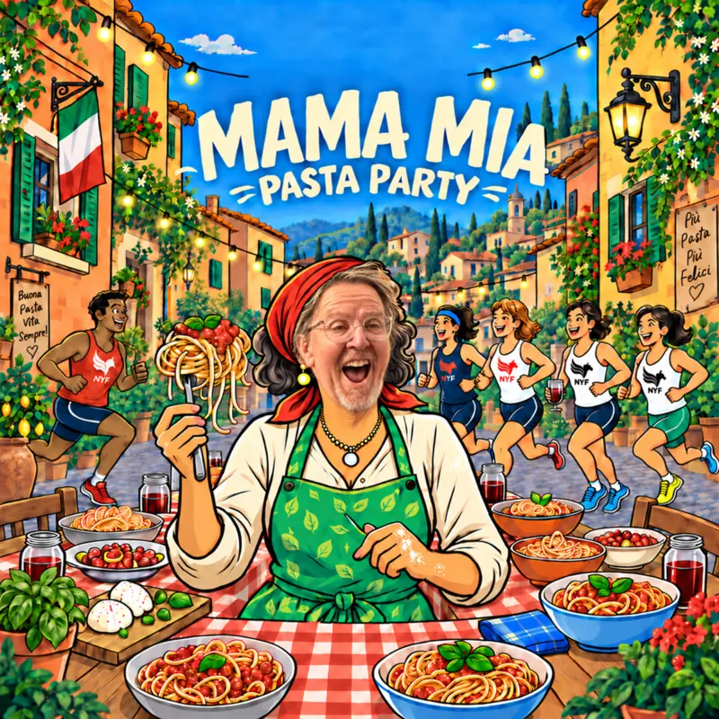 Illustration: Mama Mia Pasta Party, a cook twirling spaghetti as runners pass