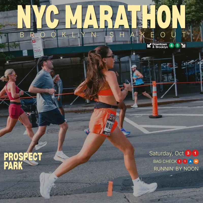 Poster: NYC Marathon Brooklyn Shakeout, Prospect Park, Saturday, October 31, over a runner racing