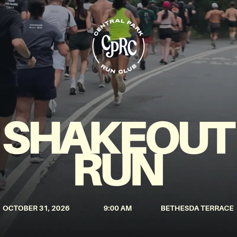 Poster: Shakeout Run, October 31, 9 AM, Bethesda Terrace, over a pack of runners