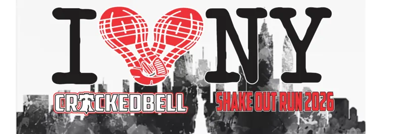 Banner: I love NY, with a shoe-sole heart over the skyline, CrackedBell Shake Out Run 2026