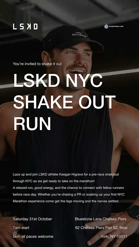 Poster: LSKD NYC Shake Out Run, Saturday, October 31, 7 AM, over a runner in a cap