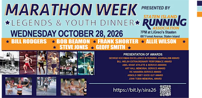 Flyer: Marathon Week Legends and Youth Dinner, Wednesday, October 28, 2026, with old race photos