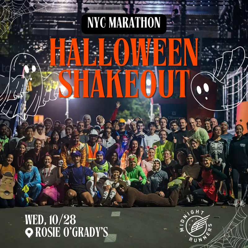Flyer: NYC Marathon Halloween Shakeout, Wednesday 10/28, over a crowd of runners in costumes