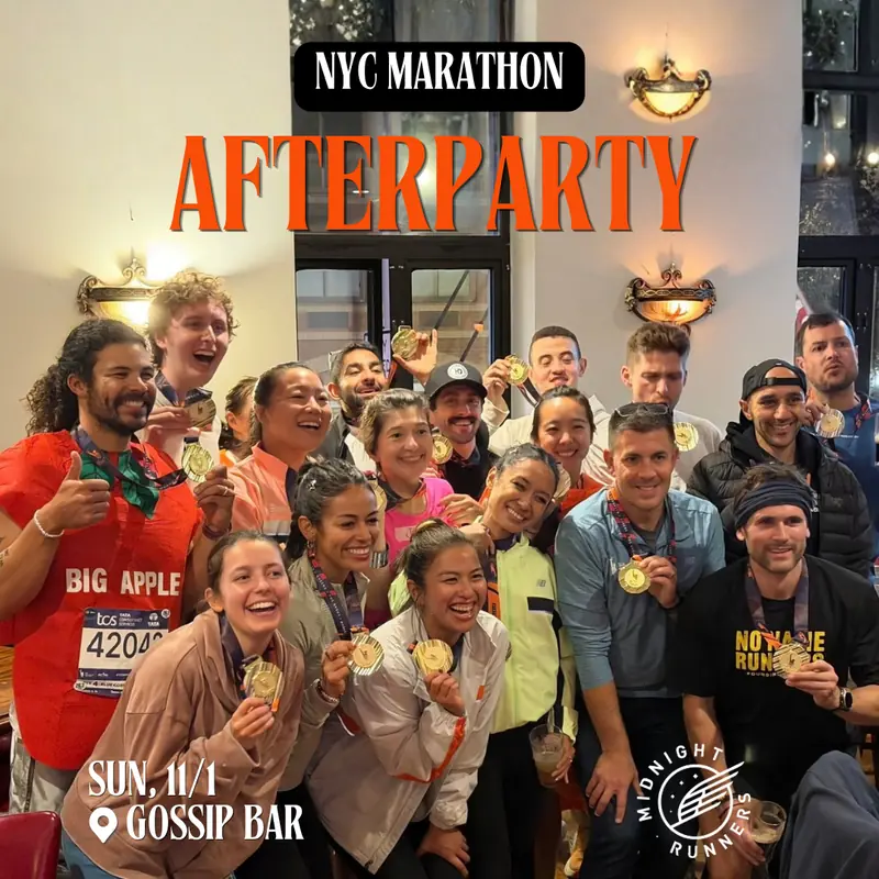 Flyer: NYC Marathon Afterparty, Sunday 11/1, Gossip Bar, finishers holding up their medals