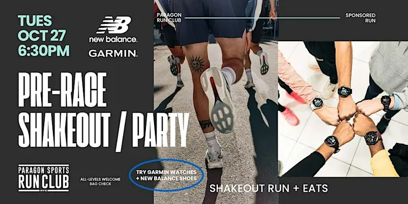 Banner: Pre-Race Shakeout / Party, Tuesday, October 27, 6:30 PM, with runners' legs and watches