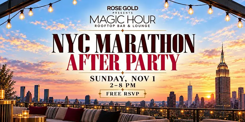 Banner: NYC Marathon After Party at Magic Hour, Sunday, November 1, 2 to 8 PM, over a rooftop at sunset