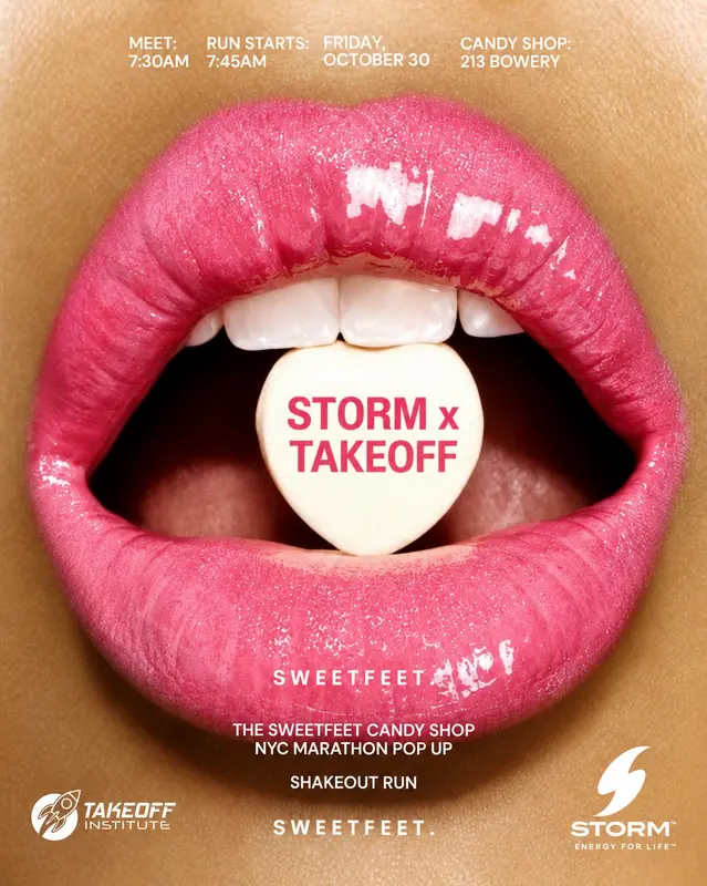 Poster: lips holding a candy heart that reads STORM x Takeoff, shakeout run, Friday, October 30, 213 Bowery