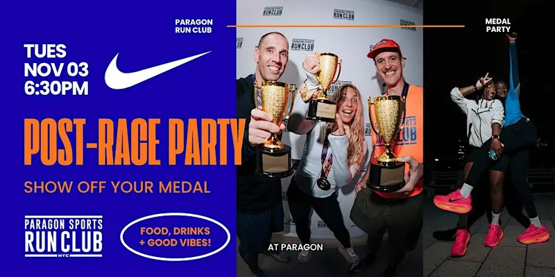Banner: Post-Race Party, Tuesday, November 3, 6:30 PM, show off your medal, finishers holding up trophies