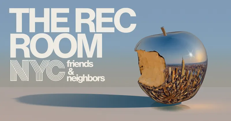 Banner: The Rec Room NYC, friends and neighbors, with a chrome apple