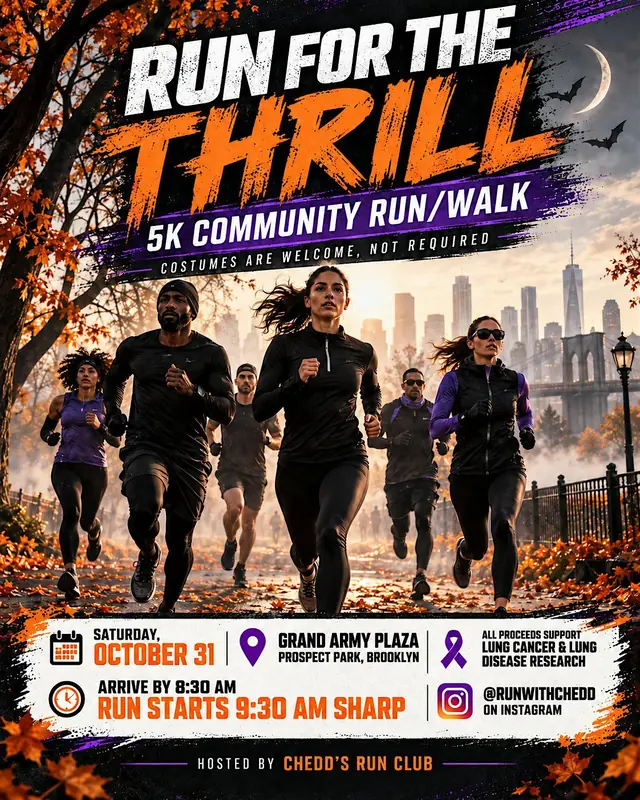 Poster: Run for the Thrill, 5K Community Run/Walk, Saturday, October 31, Grand Army Plaza, over runners on a leafy autumn path