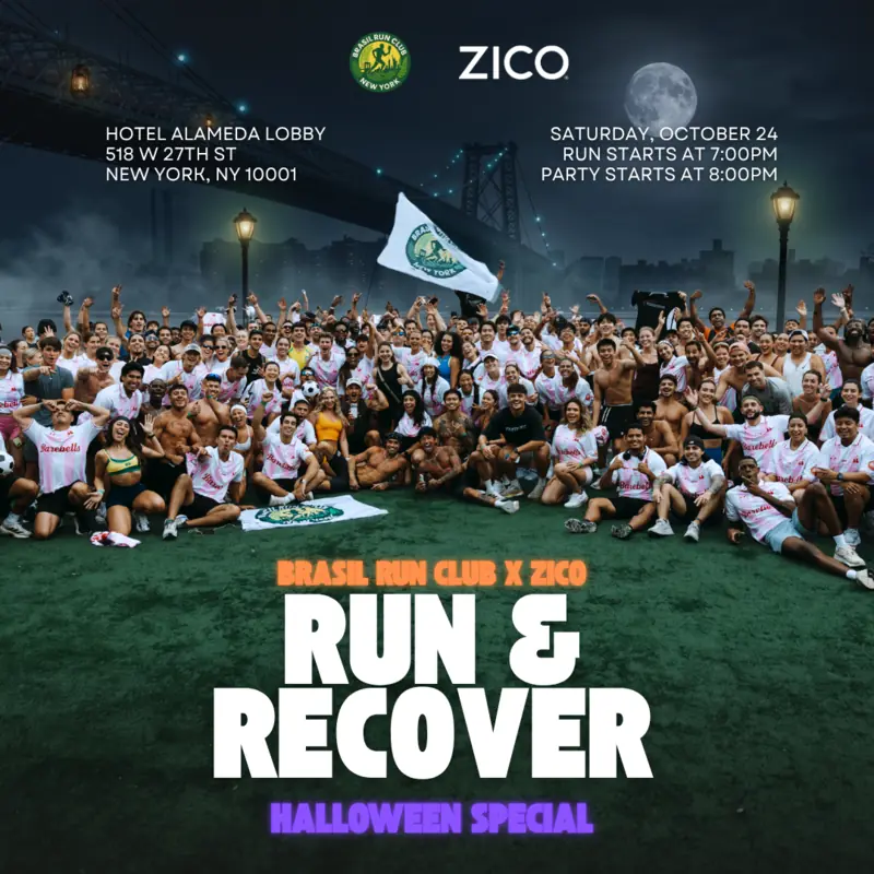 Flyer: Run & Recover Halloween Special, October 24, a run club crowd with flags under a bridge at night