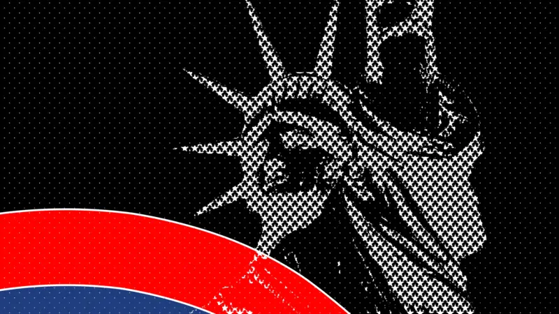 Art: a halftone Statue of Liberty over red and blue stripes on black