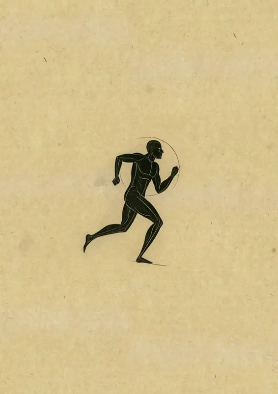 Art: a black figure running, printed on kraft paper
