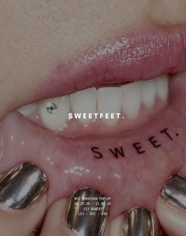 Flyer: Sweetfeet NYC Marathon pop-up, October 29 to November 1, 213 Bowery, a close-up of lips with a tooth gem