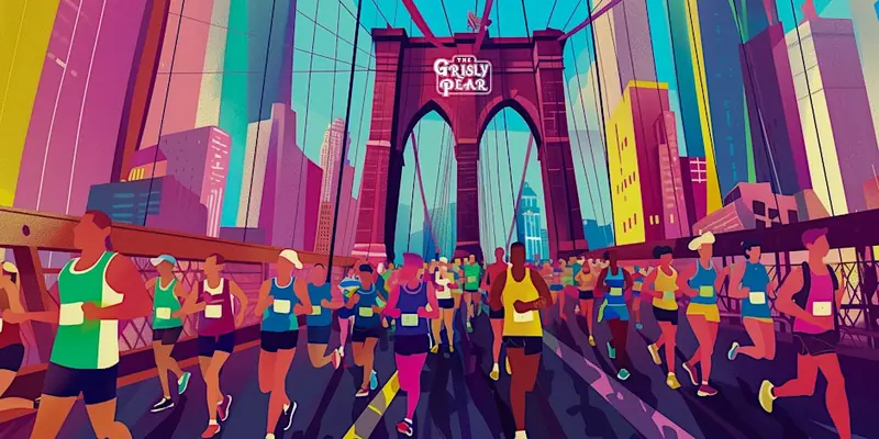 Illustration: marathoners crossing a colourful Brooklyn Bridge