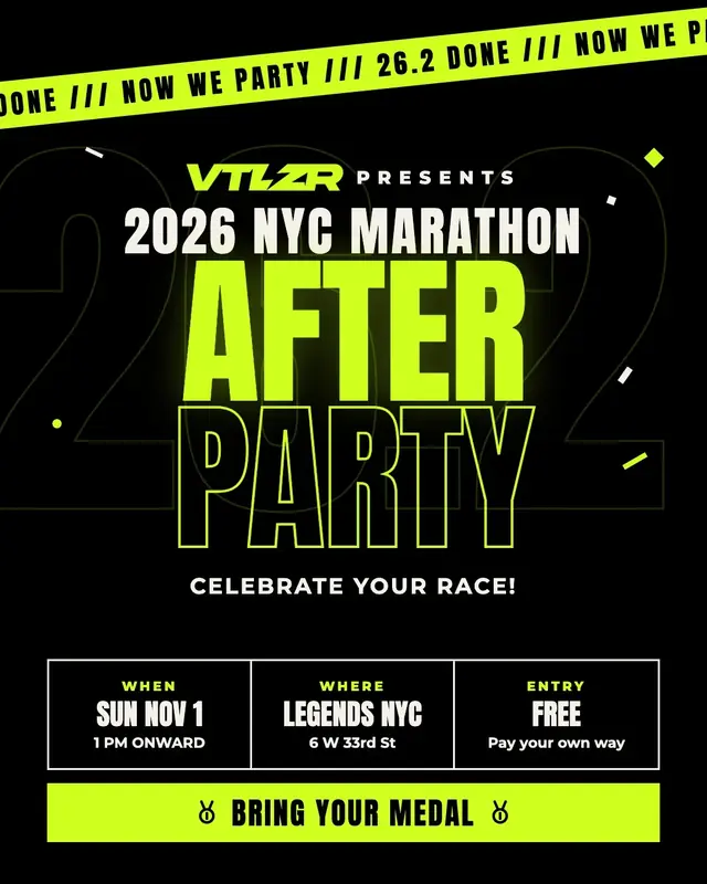 Poster: 2026 NYC Marathon After Party, Sunday, November 1, from 1 PM, Legends NYC, bring your medal