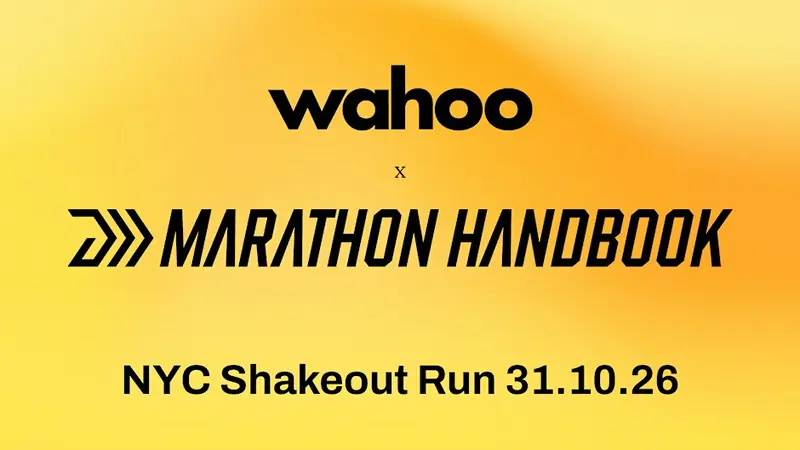 Banner: Wahoo x Marathon Handbook, NYC Shakeout Run 31.10.26, on yellow